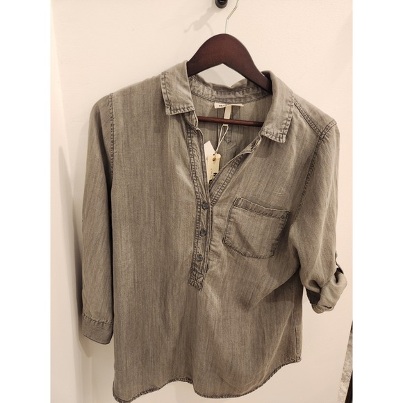 Hester & Orchard Tops - Hester & Orchard Gray Tencel Tunic Top Roll Tab Sleeve Button Down Small NWT